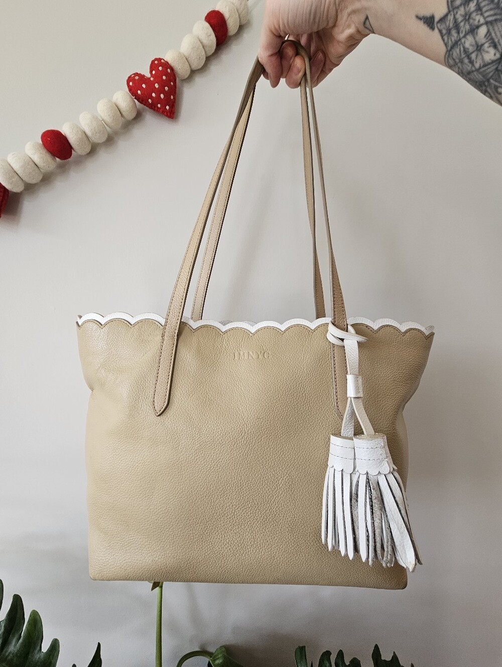 Isaac Mizrahi IMNYC Cowhide Leather Tote Scalloped Edge Tassels, With Coin Purse